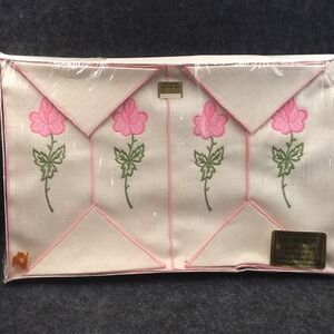 Vintage Pioneer Placemat Set‎ 100% Linen Floral Embroidered Napkins 8 pc NOS